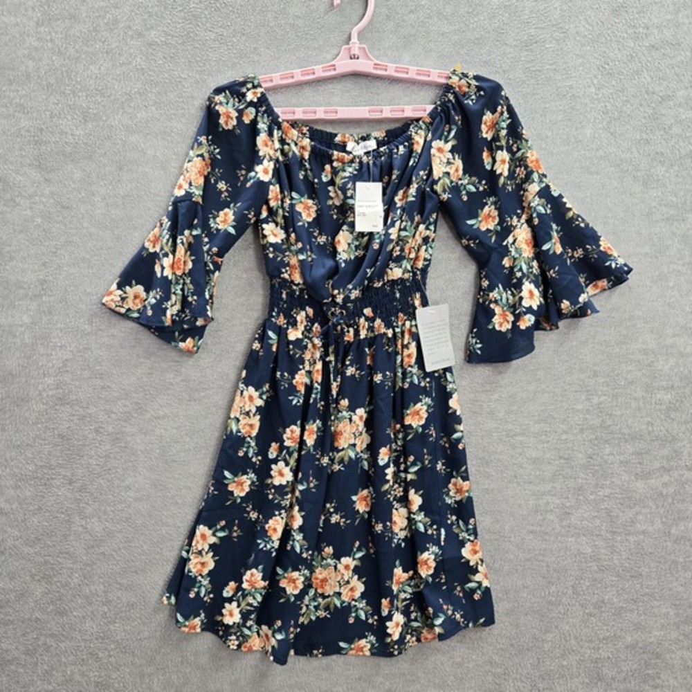 Bailey Blue Women Dress S Navy Floral Fit & Flare Ruffle 34 Sleeve Polyester NWT